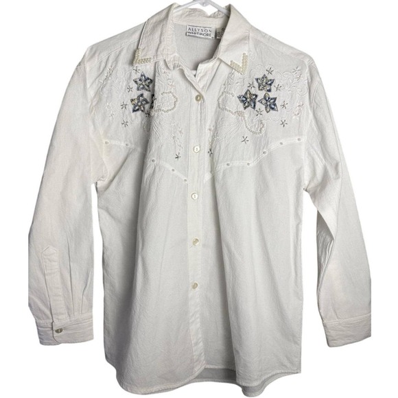 Vintage 80s Retro Floral Pearl Embroidery Button Up Shirt Western Cottage SM/MED - Picture 2 of 8